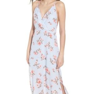 Lush Pale Blue Floral Deep Plunge Maxi Dress Sz XL